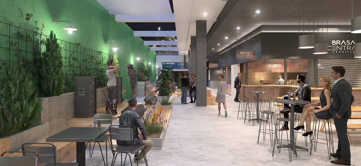 Área comercial e de convivência no térreo do Morá Connect Living